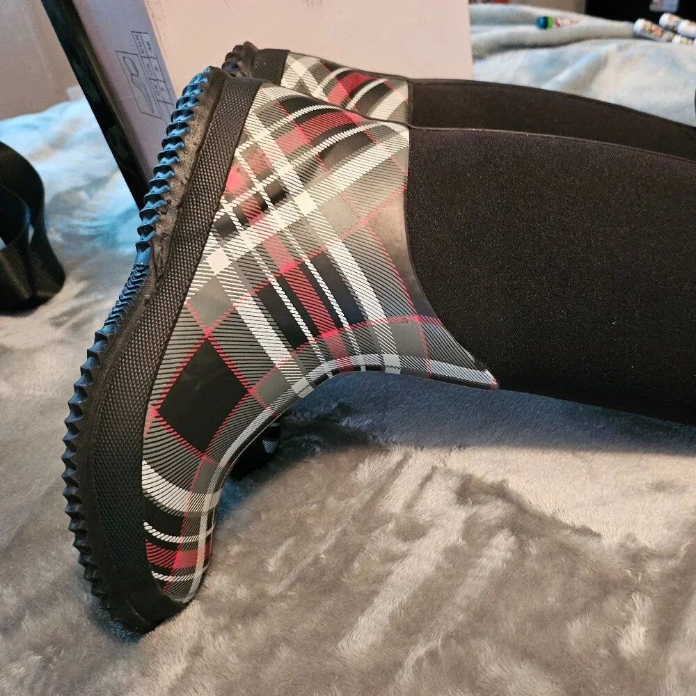 Charlie Paige Black and Plaid Tall Rain Boots